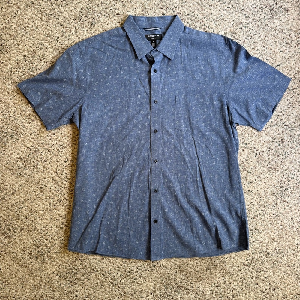 Nordstrom Men’s Navy Patterned Button-Down Linen Blend Shirt Size XL